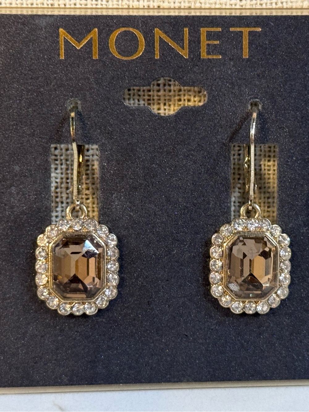 Monet Gold Tone Amber Color Stone & Small Clear Stones Dangle Earrings NEW